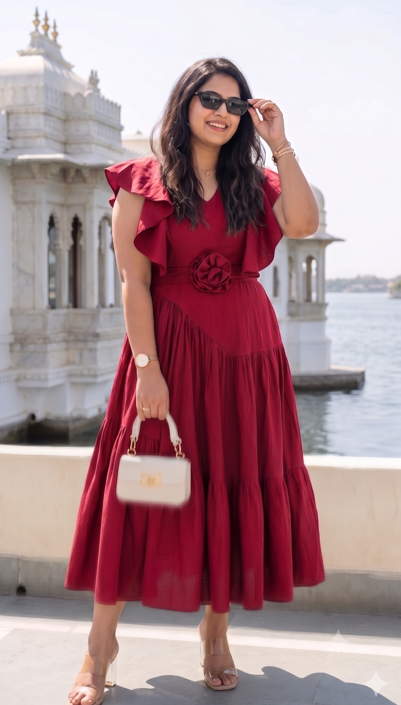 Crimson red flutter sleeves floral dress