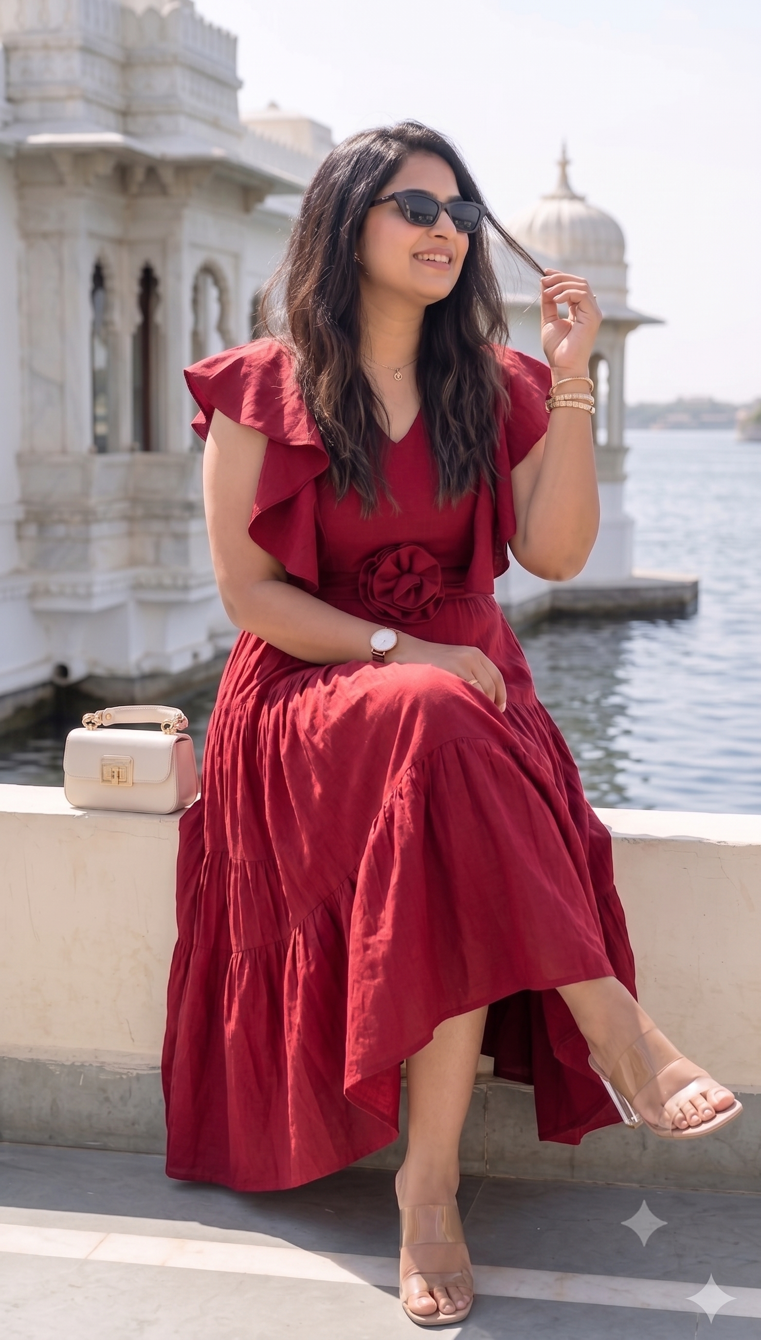 Crimson red flutter sleeves floral dress