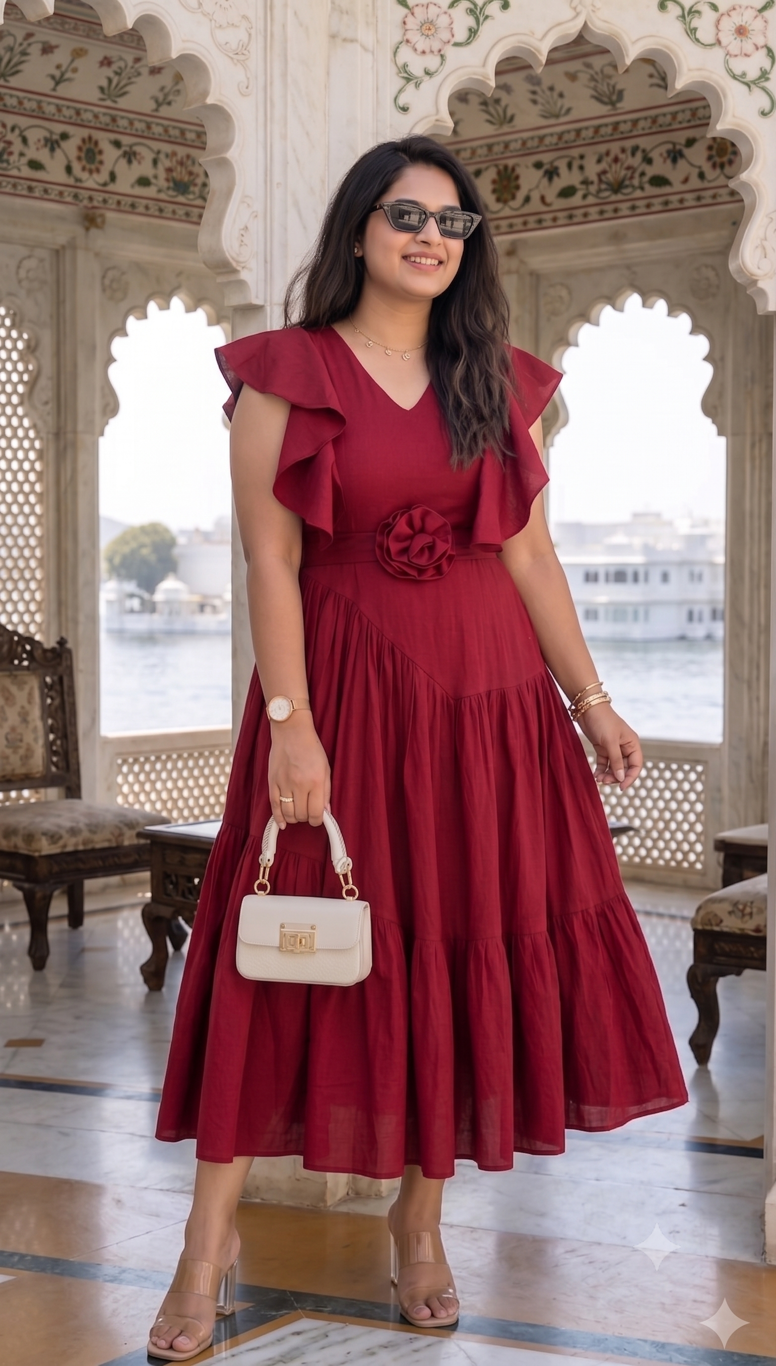 Crimson red flutter sleeves floral dress