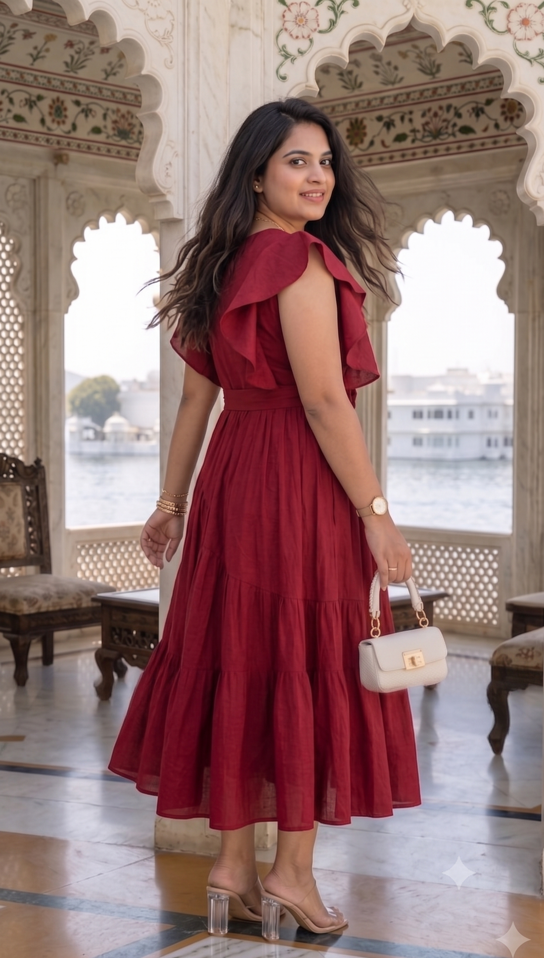 Crimson red flutter sleeves floral dress