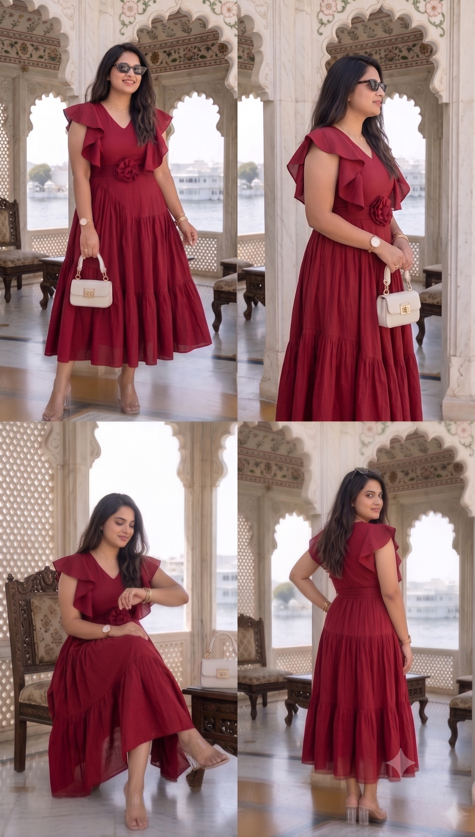Crimson red flutter sleeves floral dress