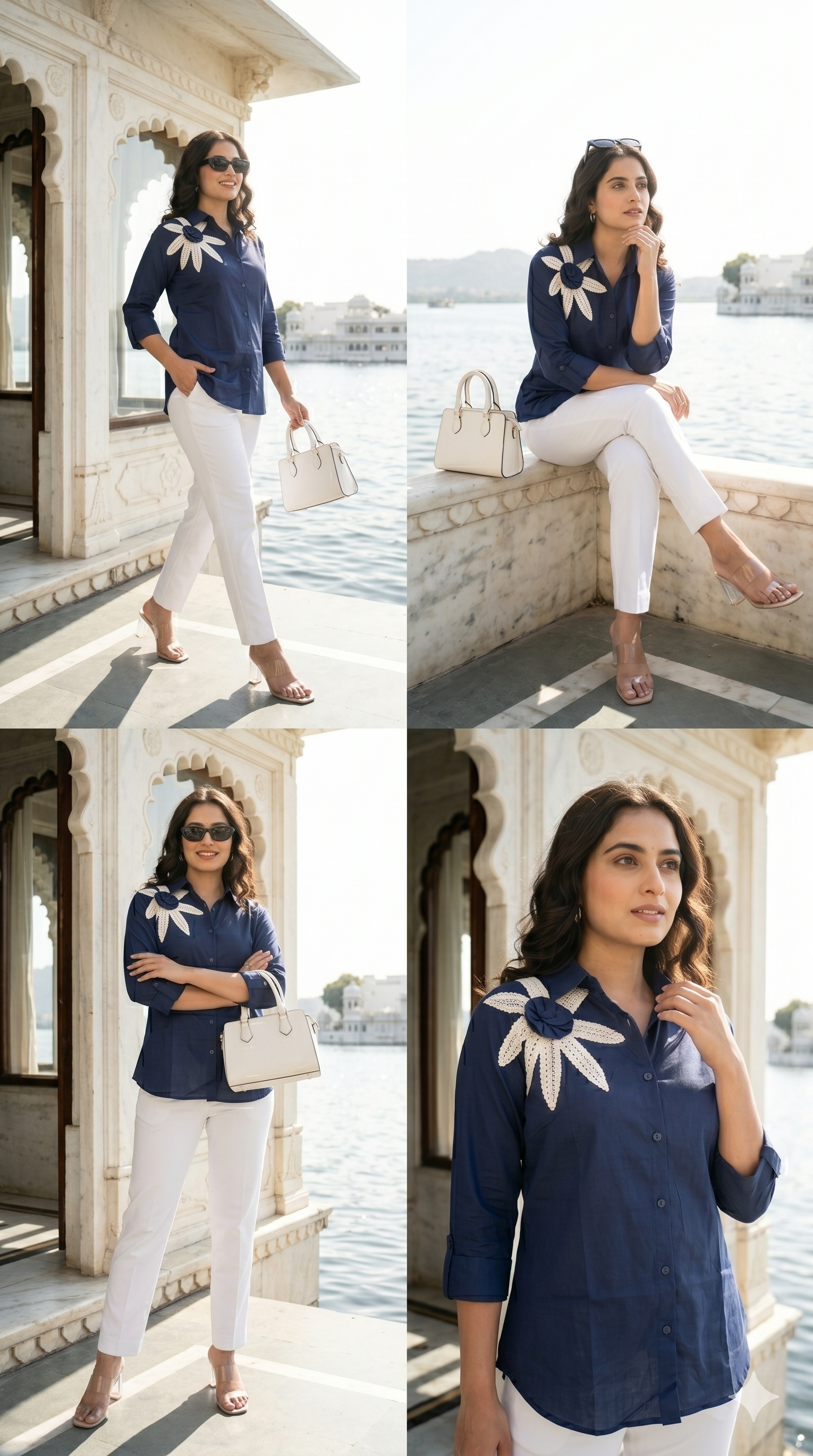 Navy blue floral applique shirt