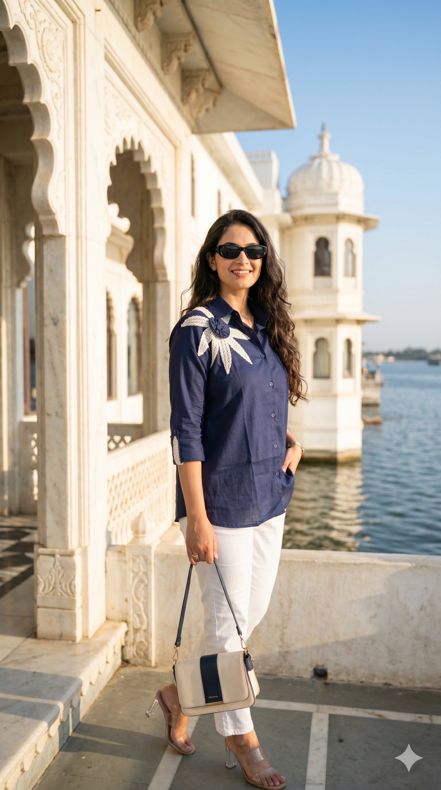 Navy blue floral applique shirt