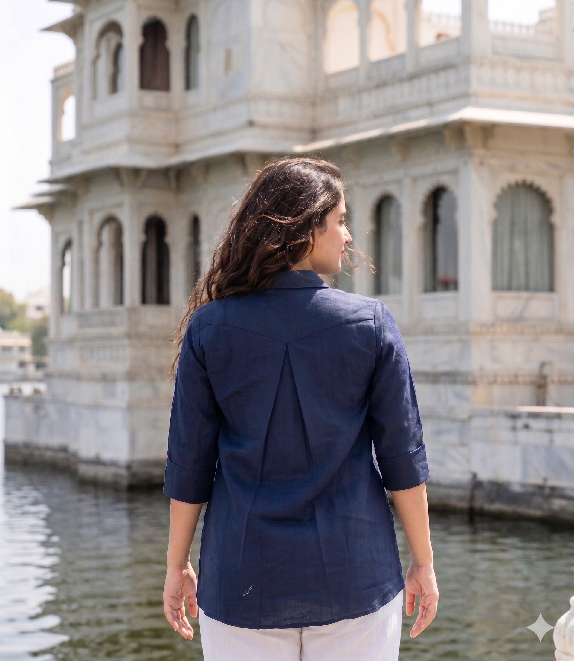 Navy blue floral applique shirt