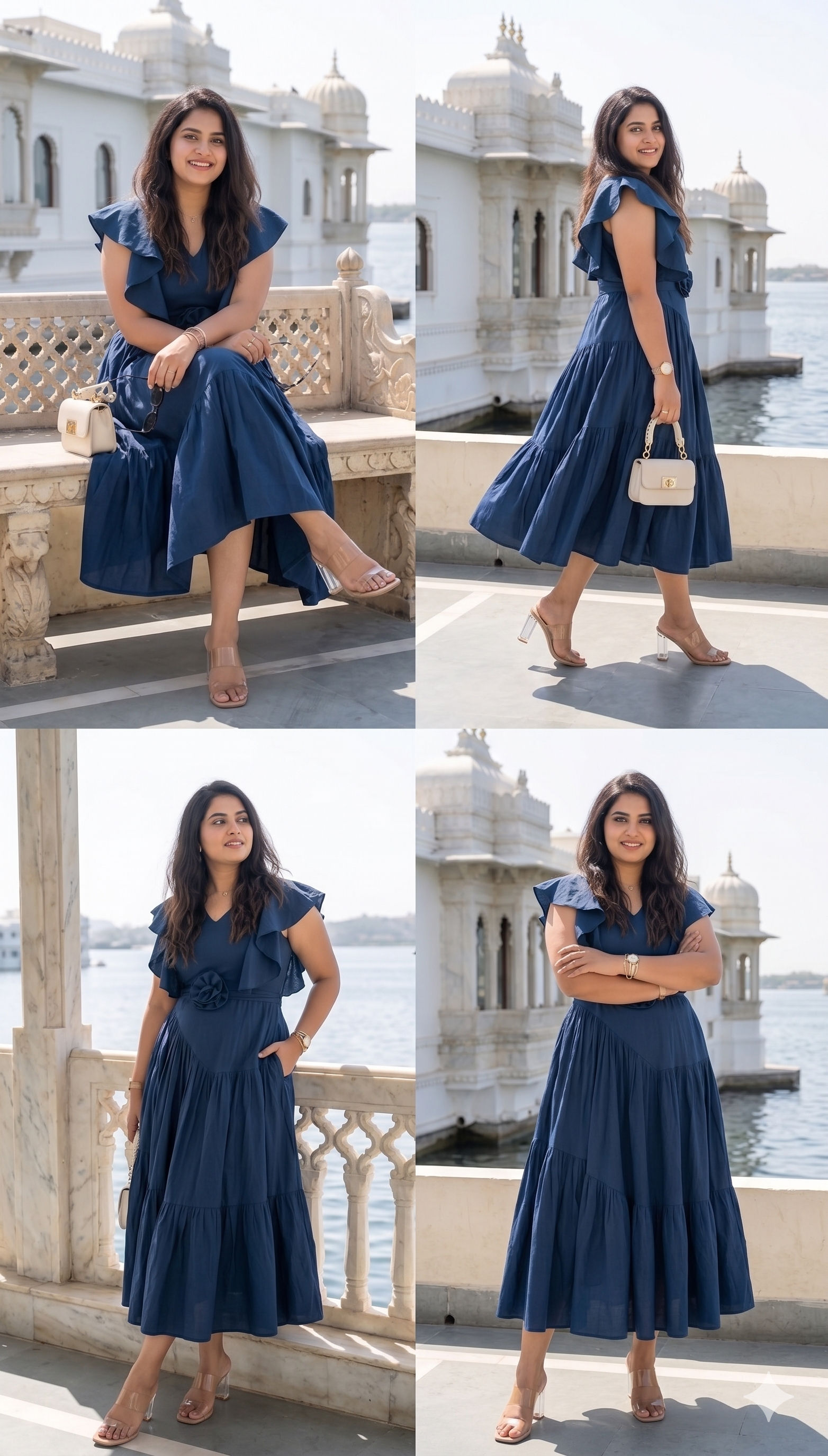 Navy blue flutter sleeves rose dress