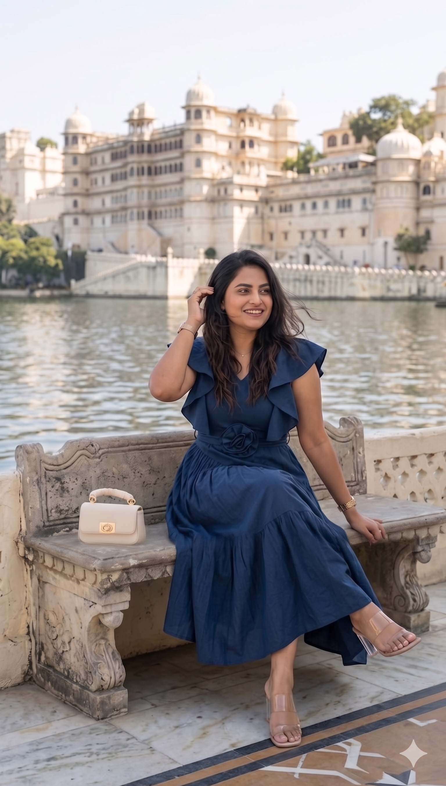 Navy blue flutter sleeves rose dress