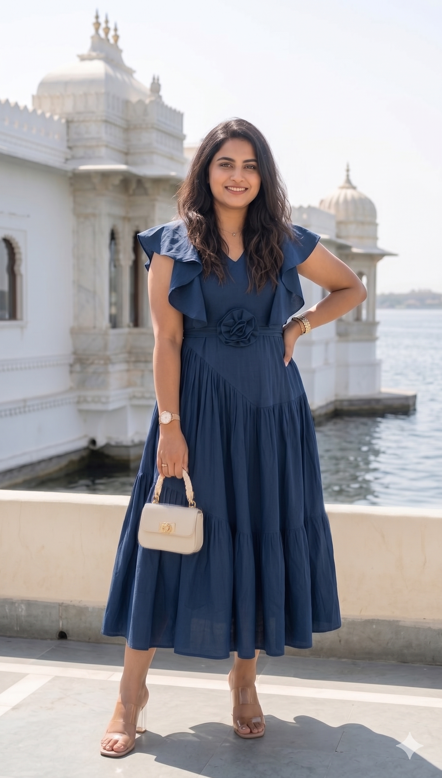 Navy blue flutter sleeves rose dress