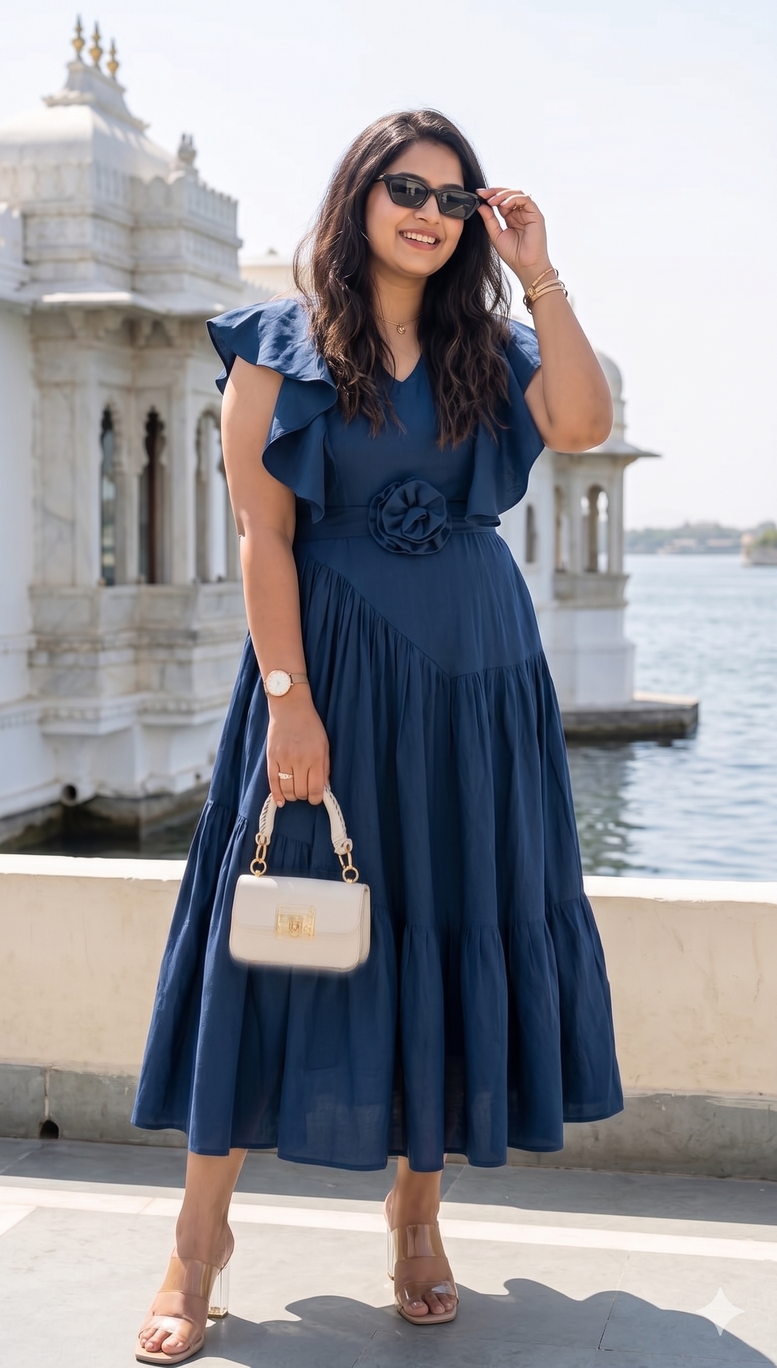 Navy blue flutter sleeves rose dress