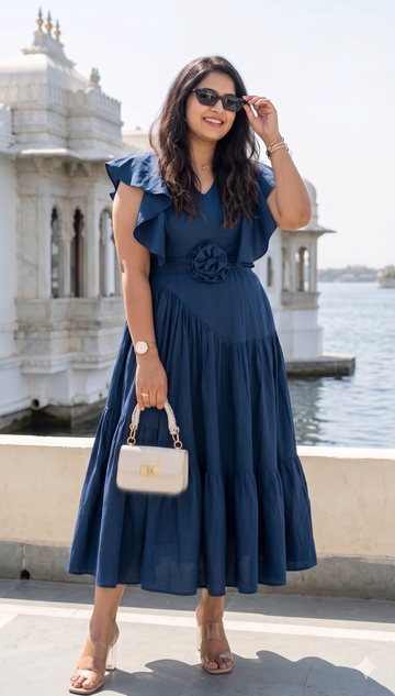 Navy blue flutter sleeves rose dress