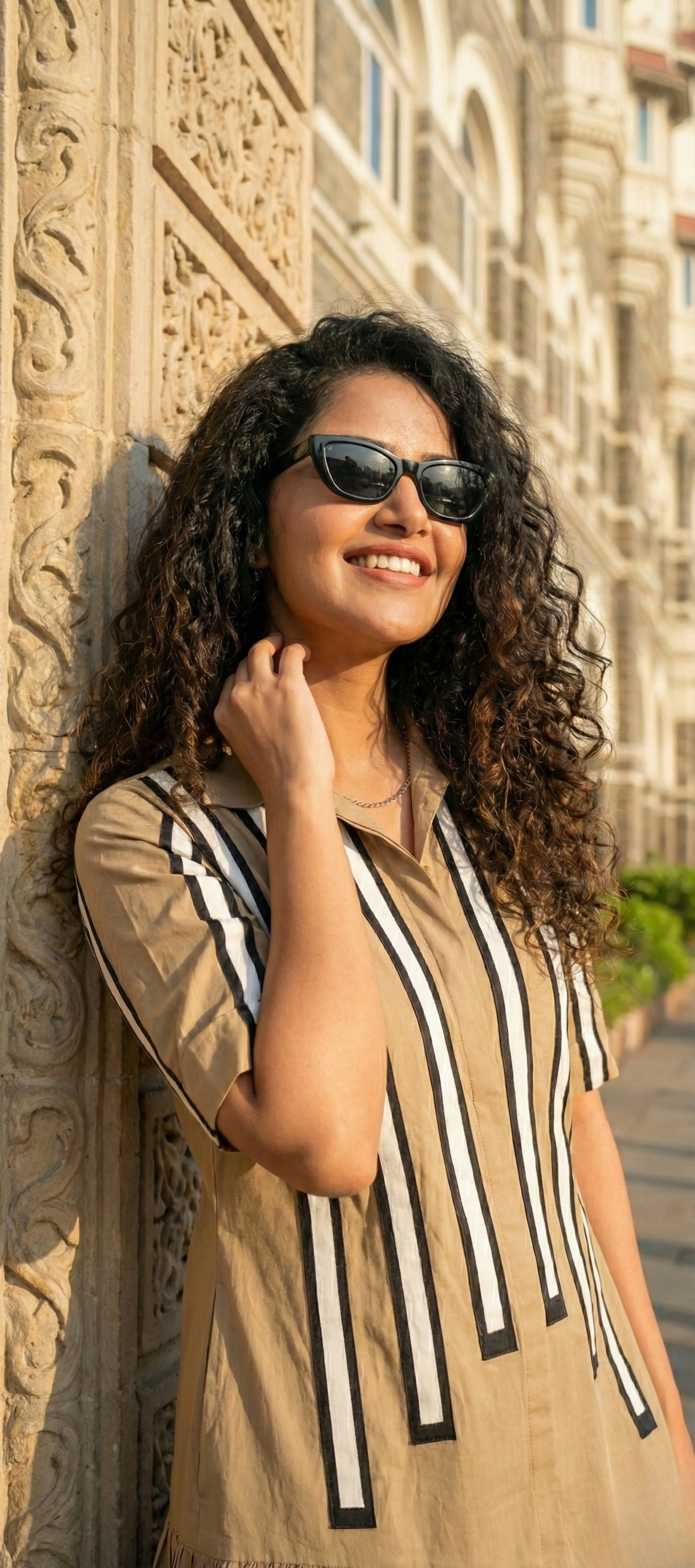 Camel brown black white strip dress