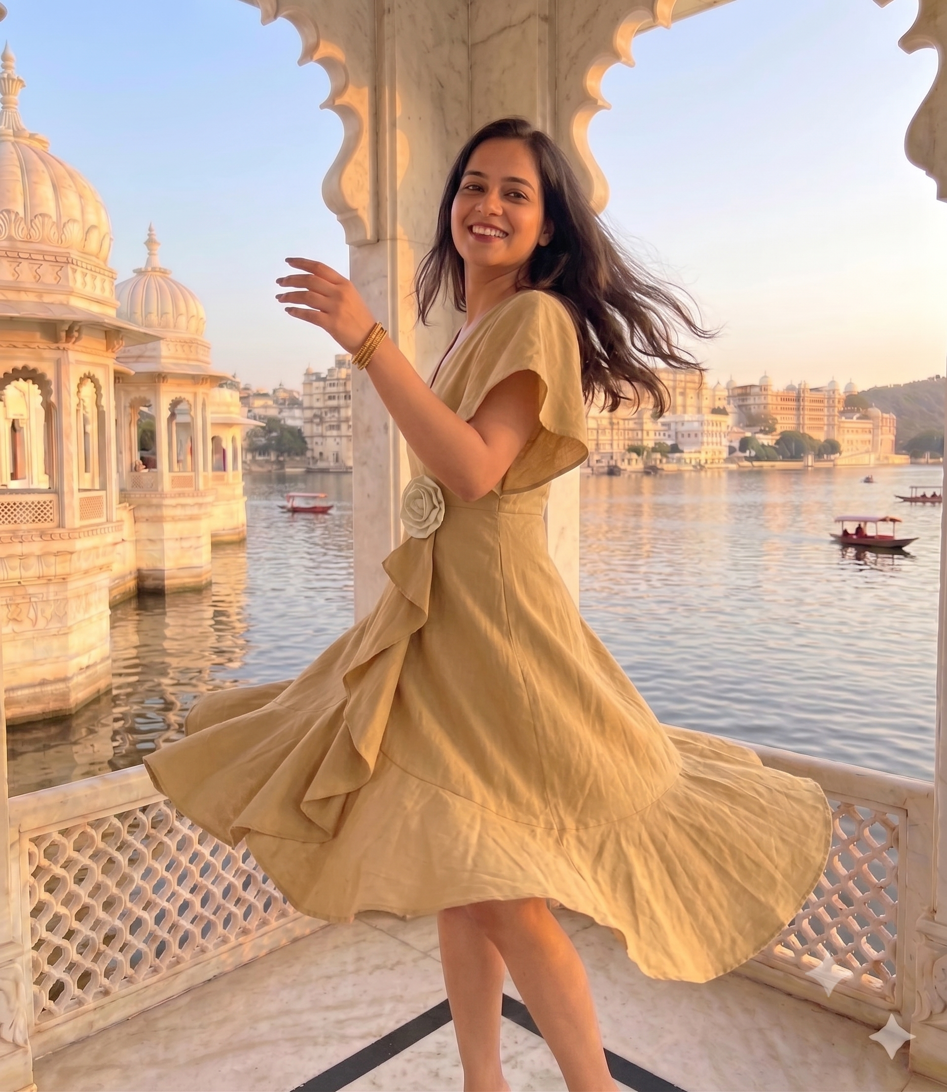 Beige floral ruffle dress