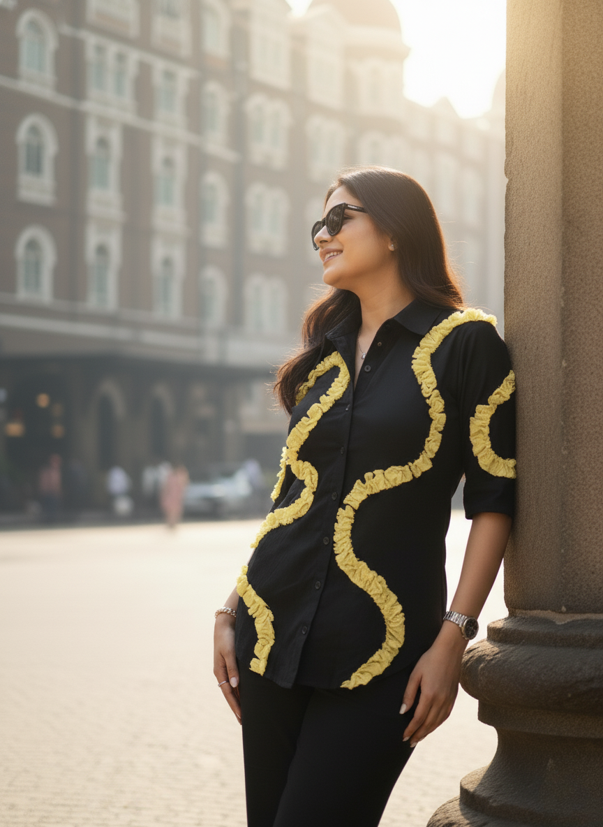 Black Pista green Ruffle Wave Shirt