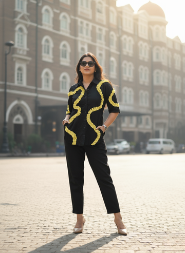 Black Pista green Ruffle Wave Shirt