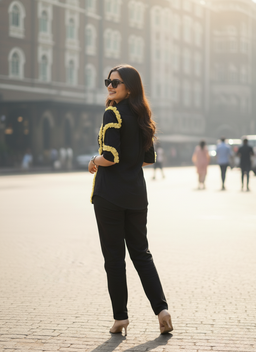 Black Pista green Ruffle Wave Shirt