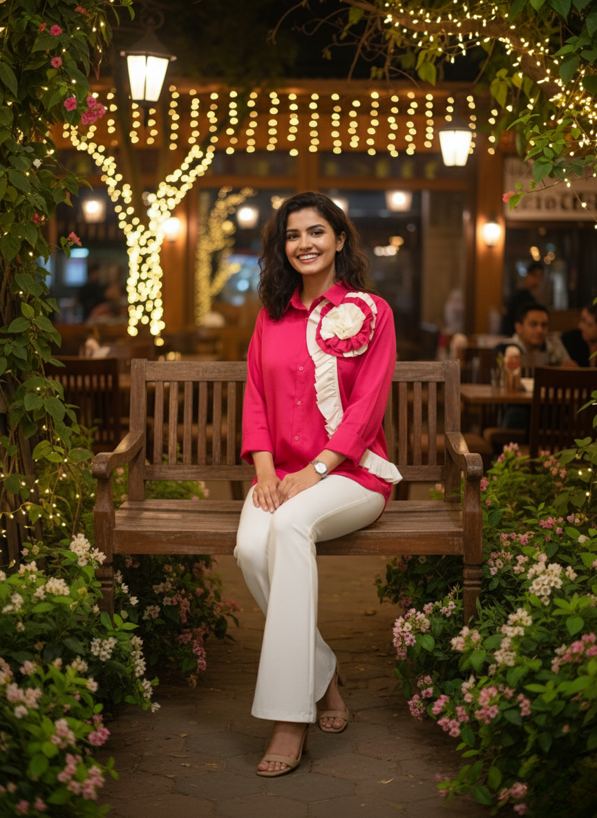 Hot pink ivory rose ruffle shirt