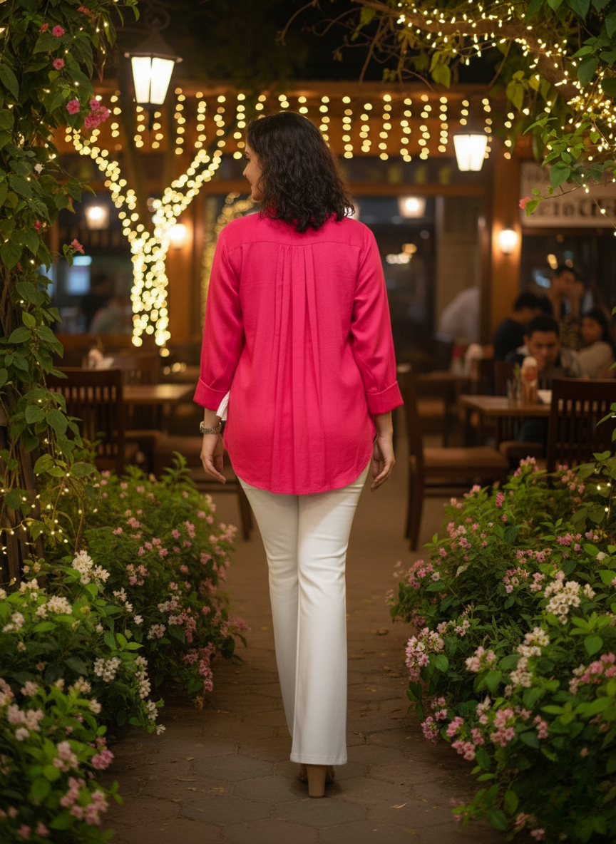 Hot pink ivory rose ruffle shirt