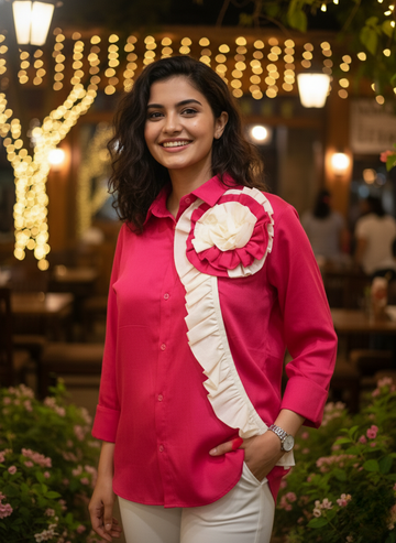 Hot pink ivory rose ruffle shirt