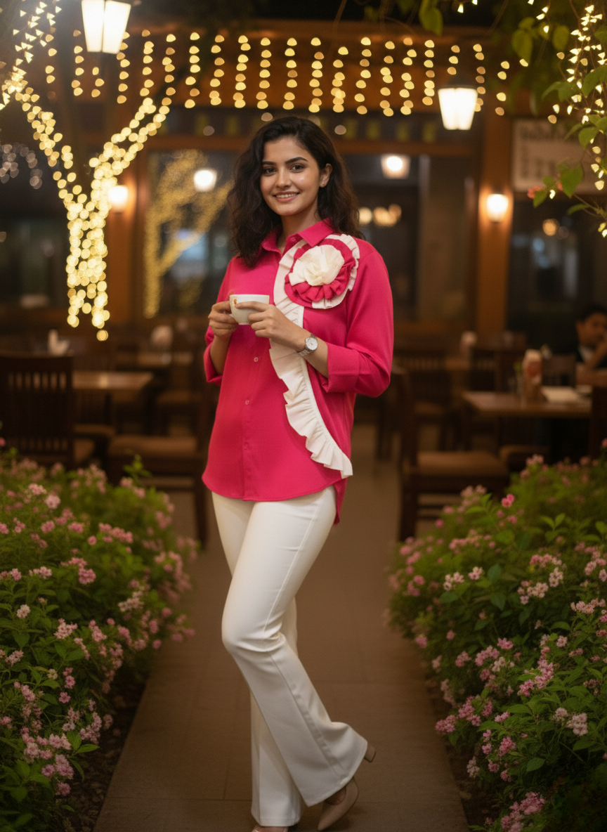 Hot pink ivory rose ruffle shirt