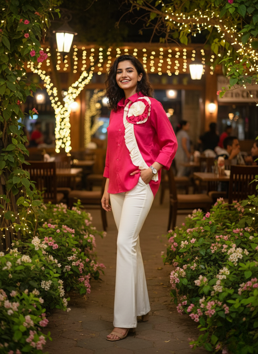 Hot pink ivory rose ruffle shirt