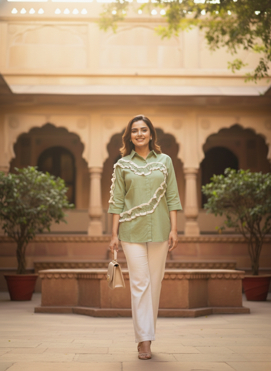 Pista green Sweetheart Ruffle Shirt