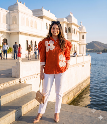 rust orange crochet floral shirt