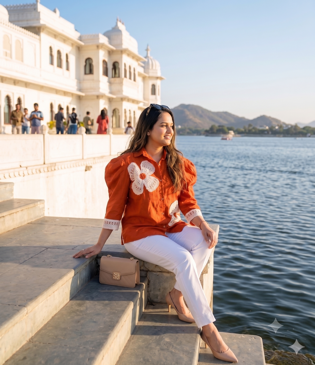 rust orange crochet floral shirt
