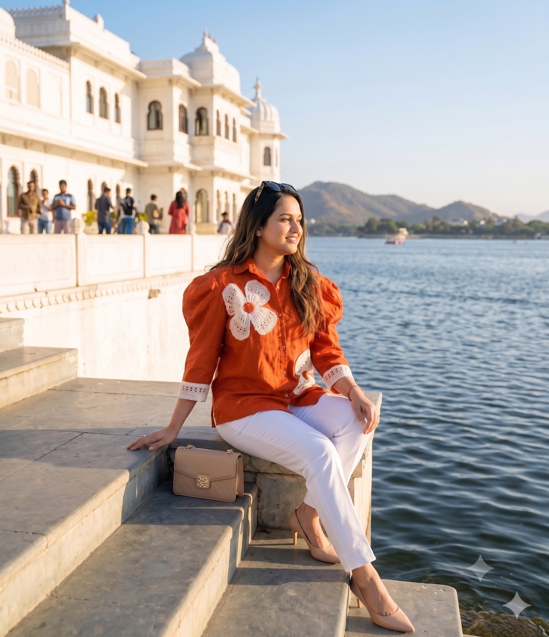 rust orange crochet floral shirt