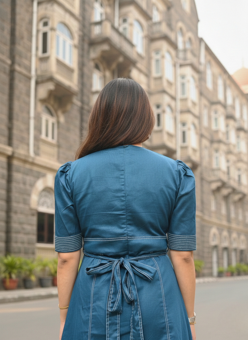 Teal Retro Stitch Fit-and-Flare Dress