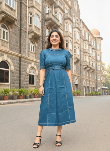 Teal Retro Stitch Fit-and-Flare Dress