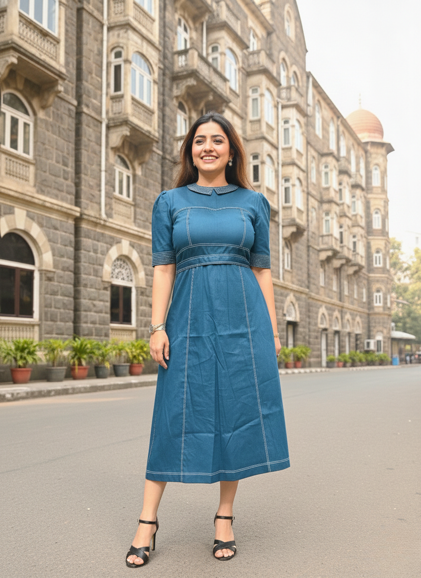 Teal Retro Stitch Fit-and-Flare Dress