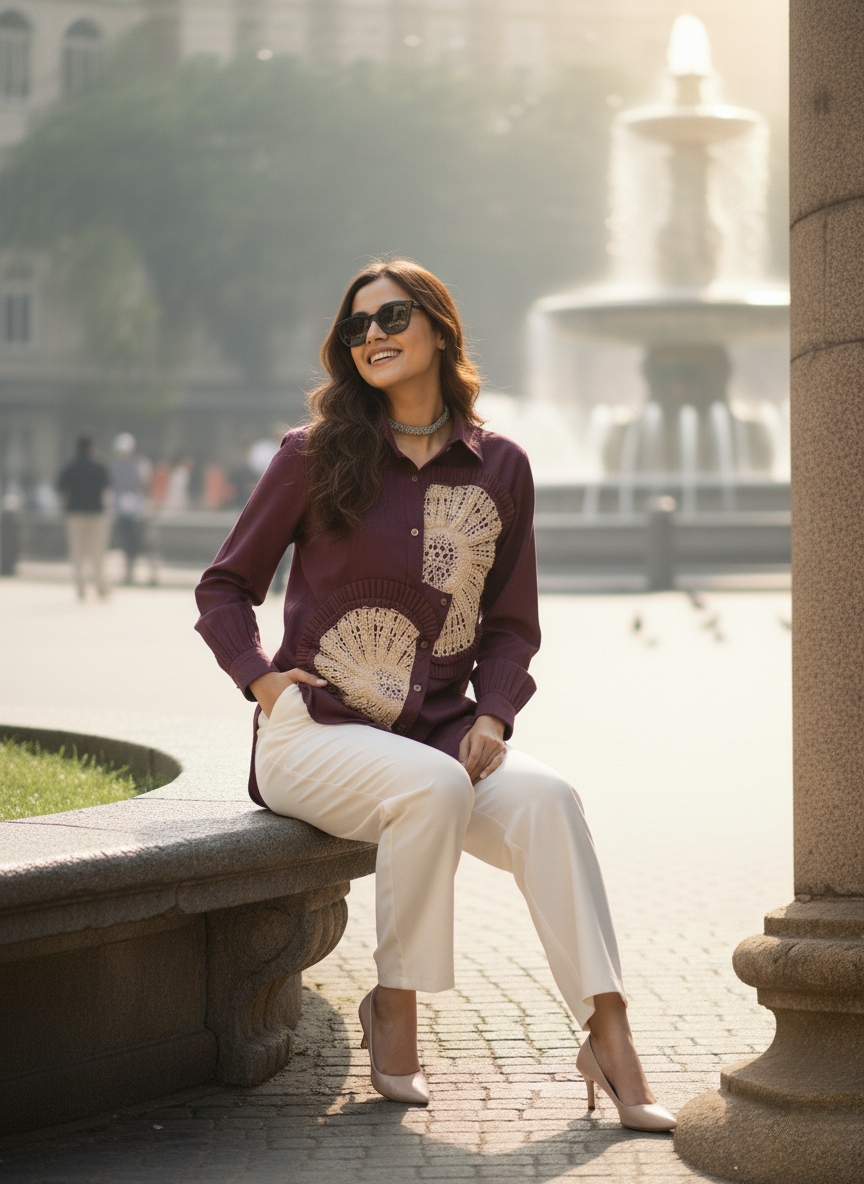 Wine crochet artisan shirt