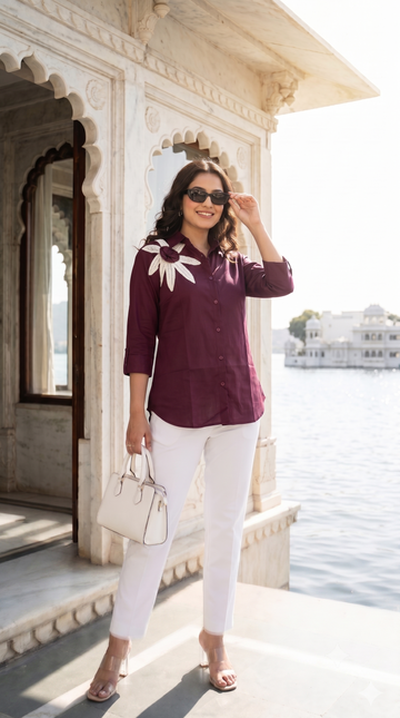 wine floral crochet applique shirt