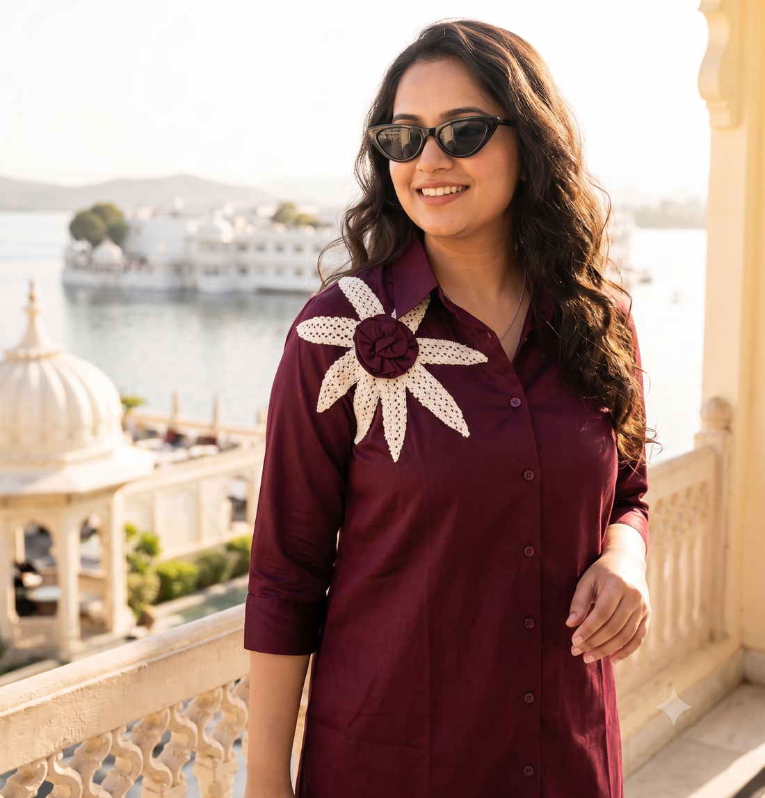 wine floral crochet applique shirt