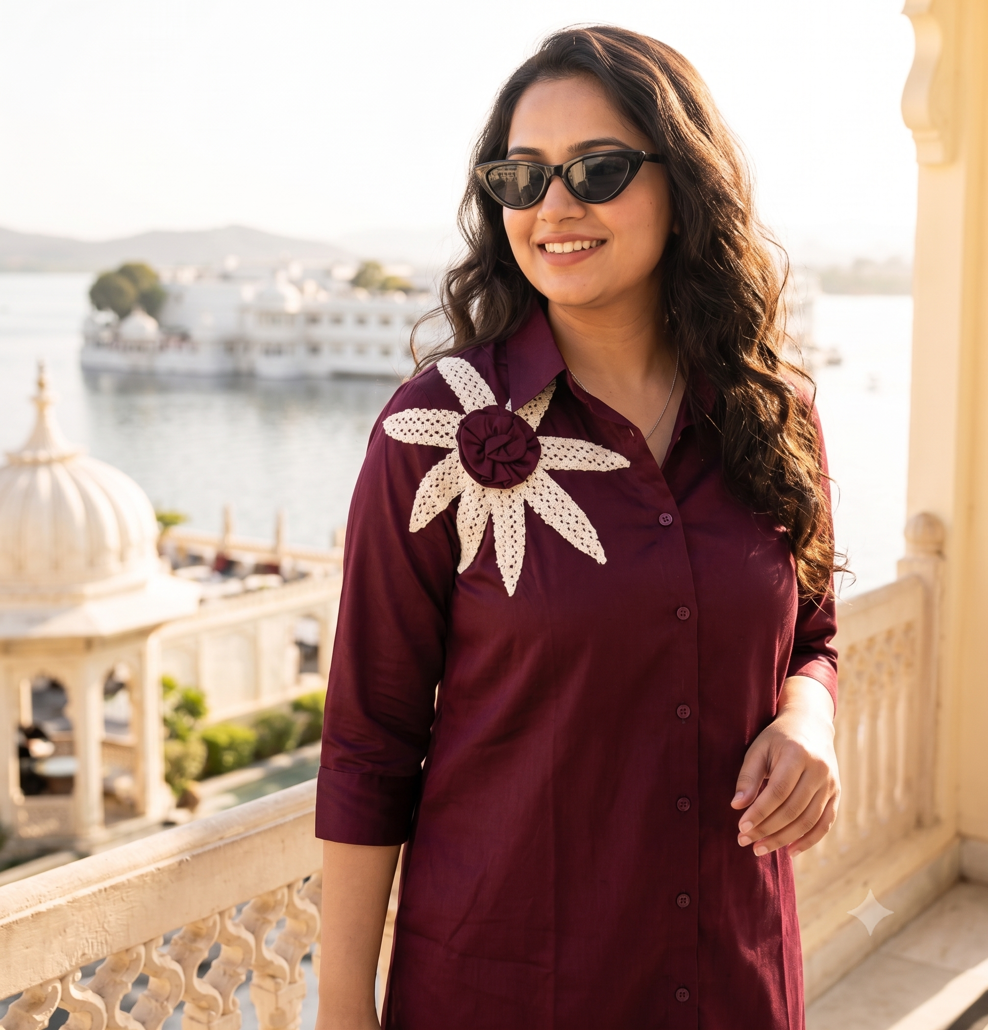 wine floral crochet applique shirt