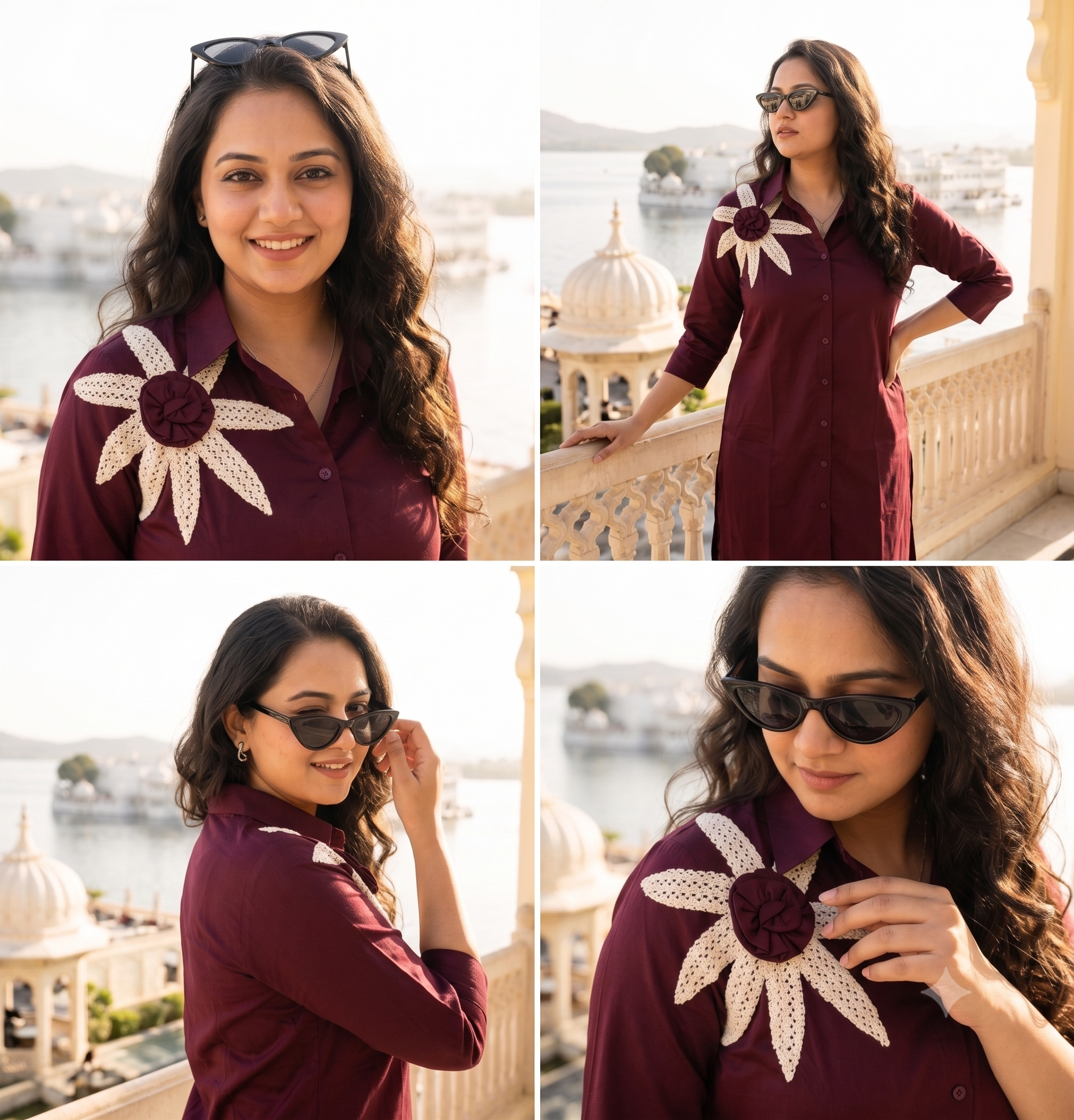 wine floral crochet applique shirt