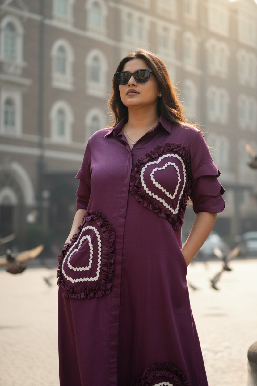 Wine Romantic Ruffle Heart Dress