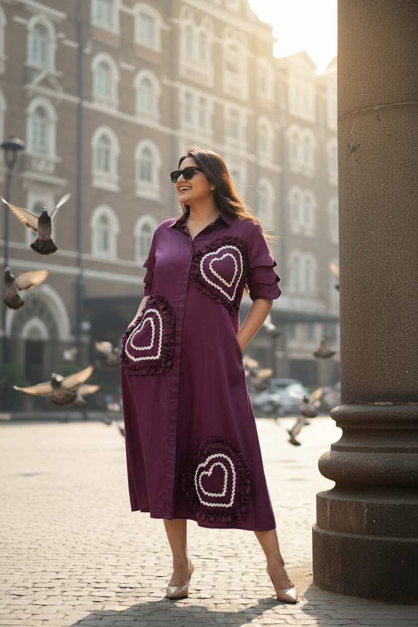 Wine Romantic Ruffle Heart Dress